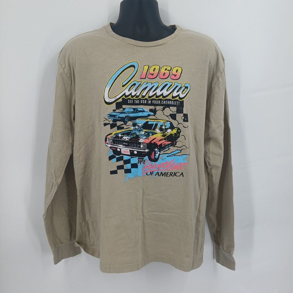 mens Vintage Chevrolet Classic Cars Long Sleeve Graphic T-Shirt Beige Size XL